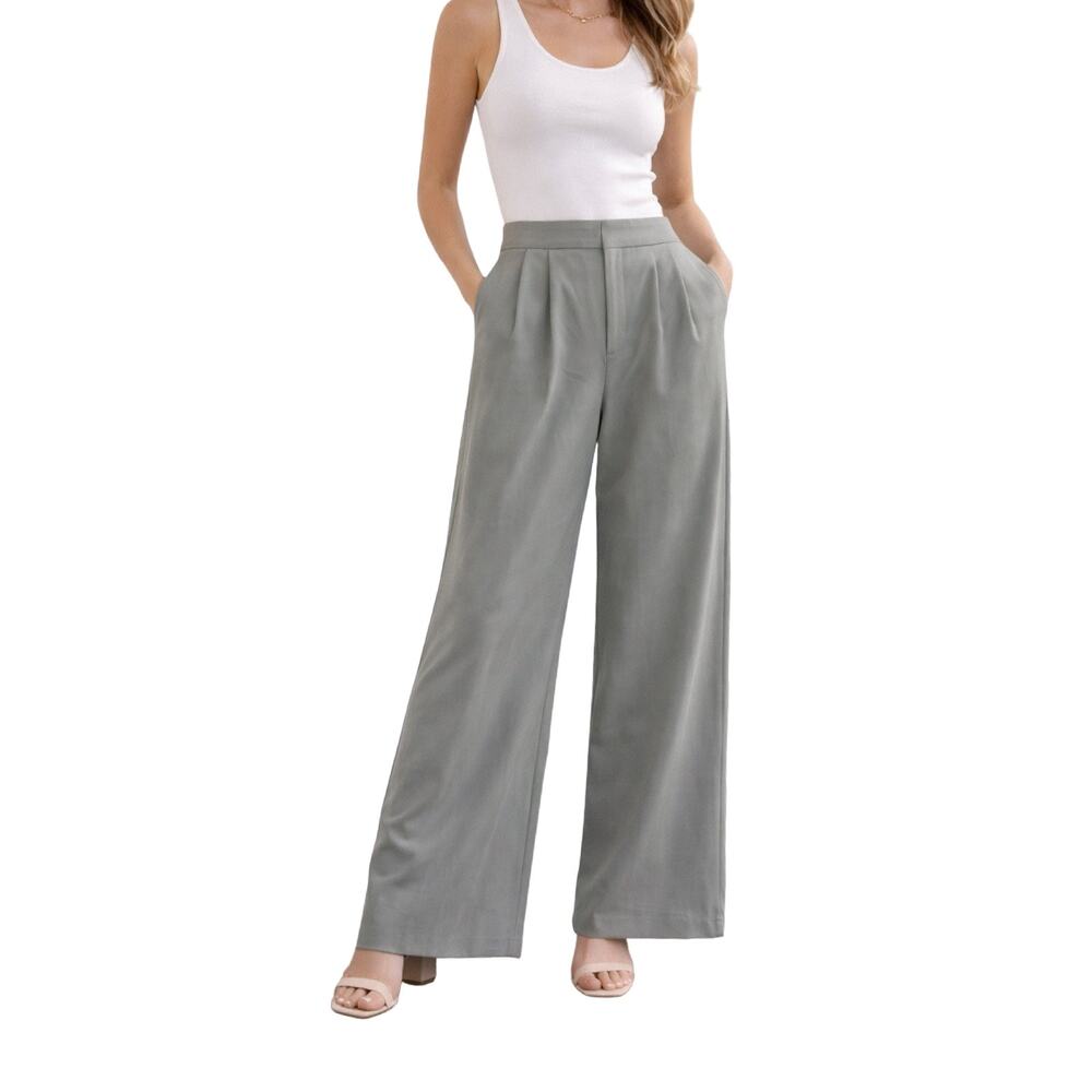all:row Pleated Wide Leg Trouser Size L Grey‎ Sage Green Tailored Pants
